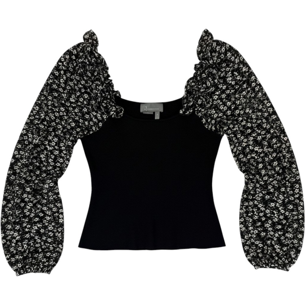 By Anthropologie Floral Puff Sleeve Ribbed Top Black Large Mixed Media Boho